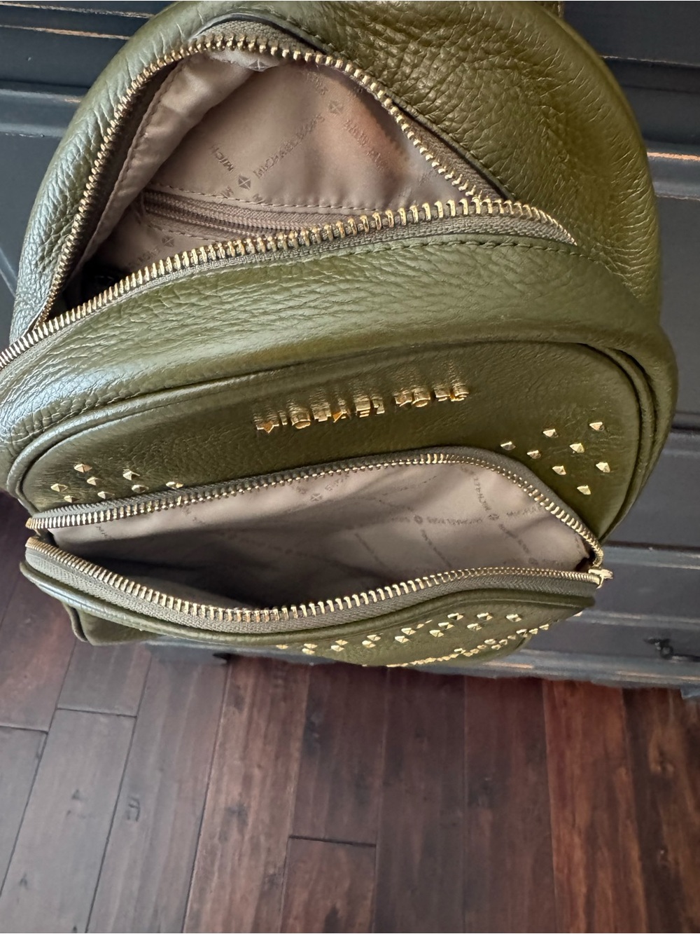 Michael Kors Olive Green Pebbled Leather Studded Backpack - Picture 2 of 6